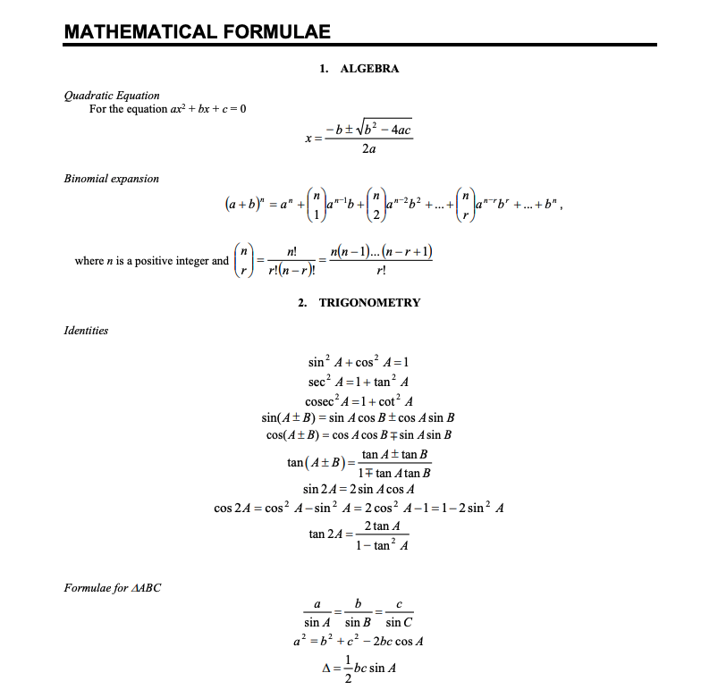 2020 GCE O Level A Math Formula Sheet